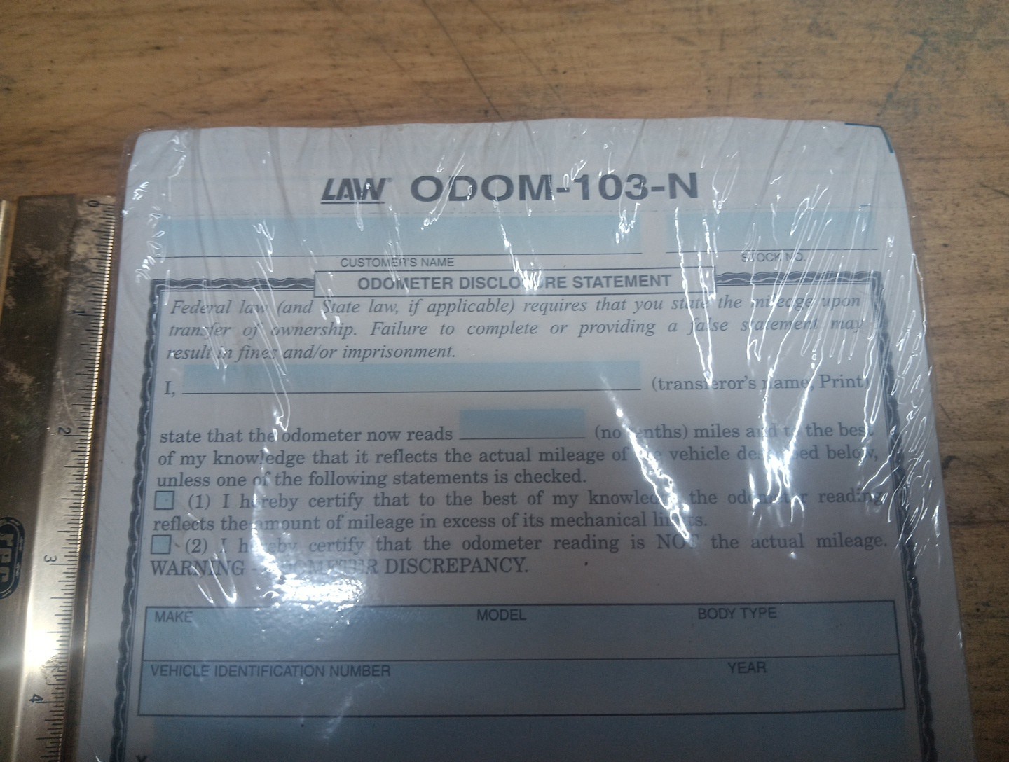 Odometer Disclosure Statement ODOM-103-N (100 per pack) (Rev. 313) Free Shipping