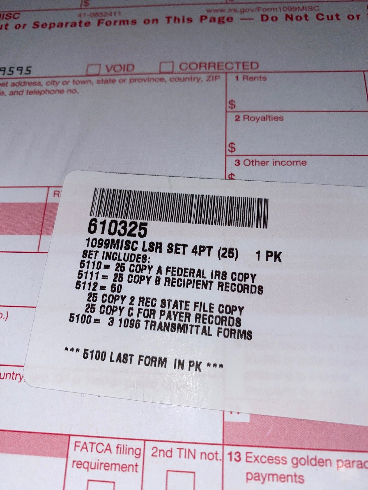2019 IRS TAX FORMS KIT 1099-MISC Laser 4 Part Kit 25 Recipients 3 1096 Transmit
