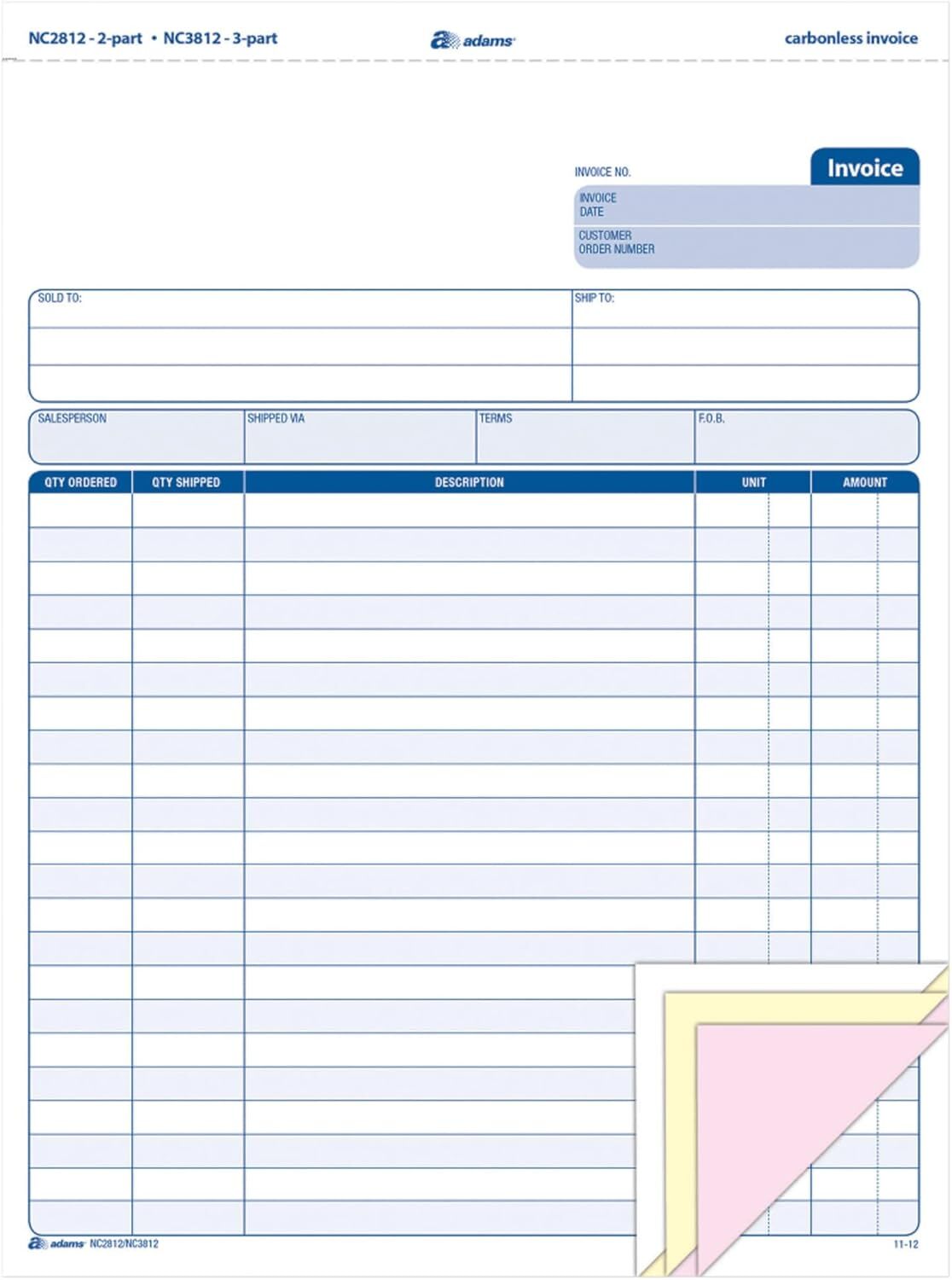 Adams 3 Part Carbonless Invoice Forms White Canary Pink 100 Pack 8.5 X 11