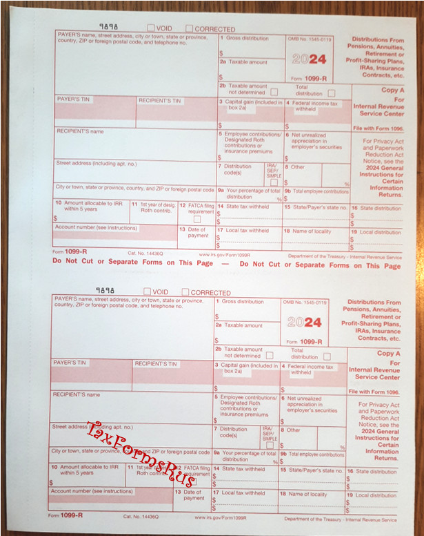 2024 IRS Tax Form 1099-R single sheet set for 2 recipients NONcarbonless 5pt 2up