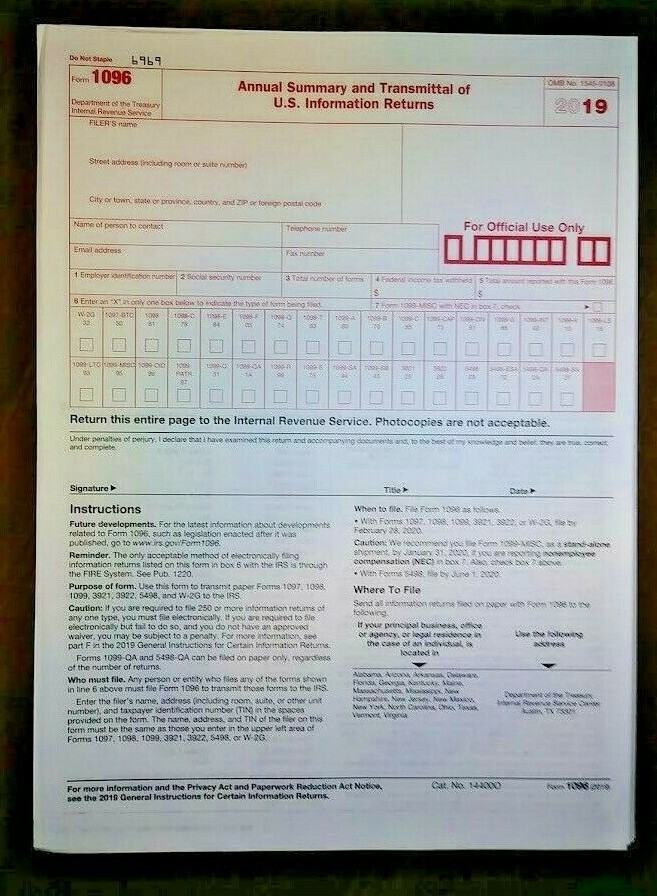 2019: 5 SHEETS 1098 IRS Mortgage Interest Statement & 3=1096 Transmittal Forms