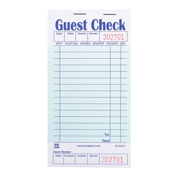 15-Line Green Guest Check 1-Part Books, 50 Checks Per Book, 6-Book Pack