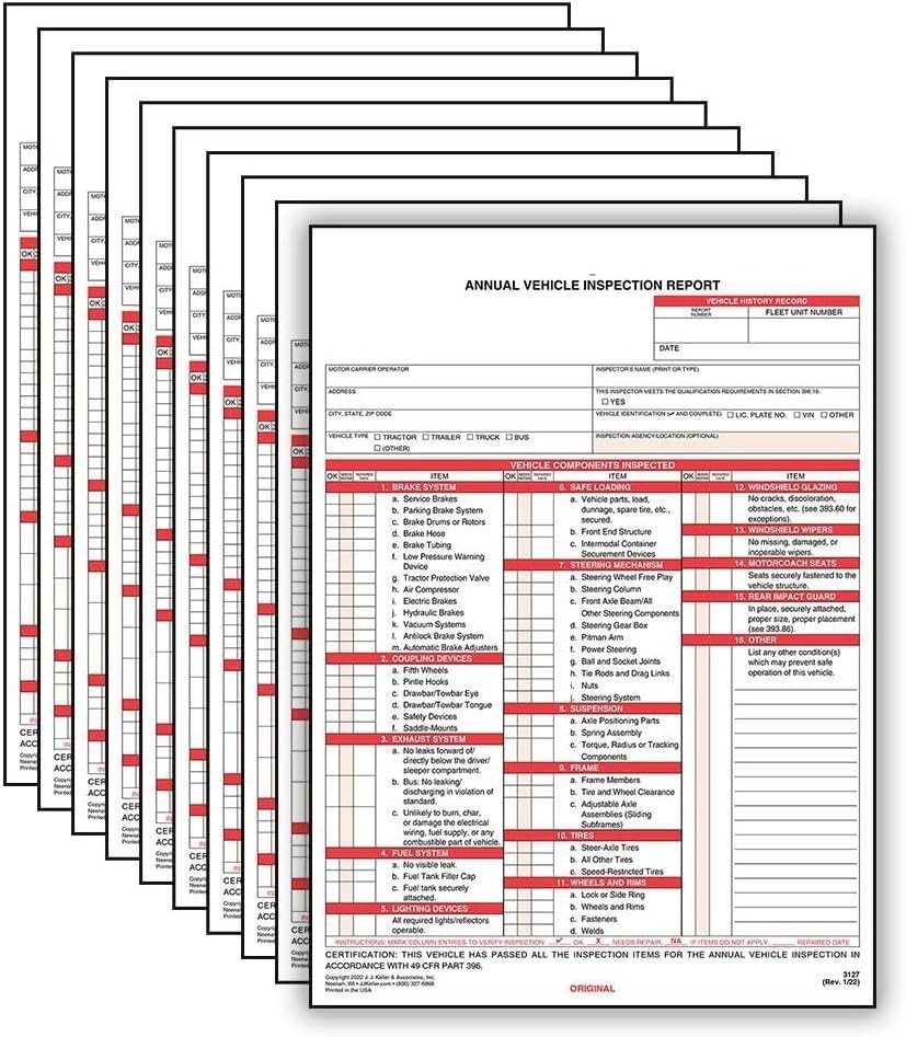 J. J. Keller 10-Pack DOT Compliant Vehicle Inspection Report Forms – Carbonless