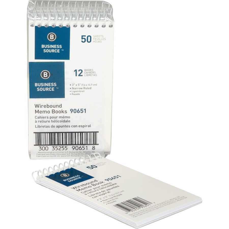 Business Source BSN90651 Wirebound Memo Book 50 Sheets 3″x5″ White