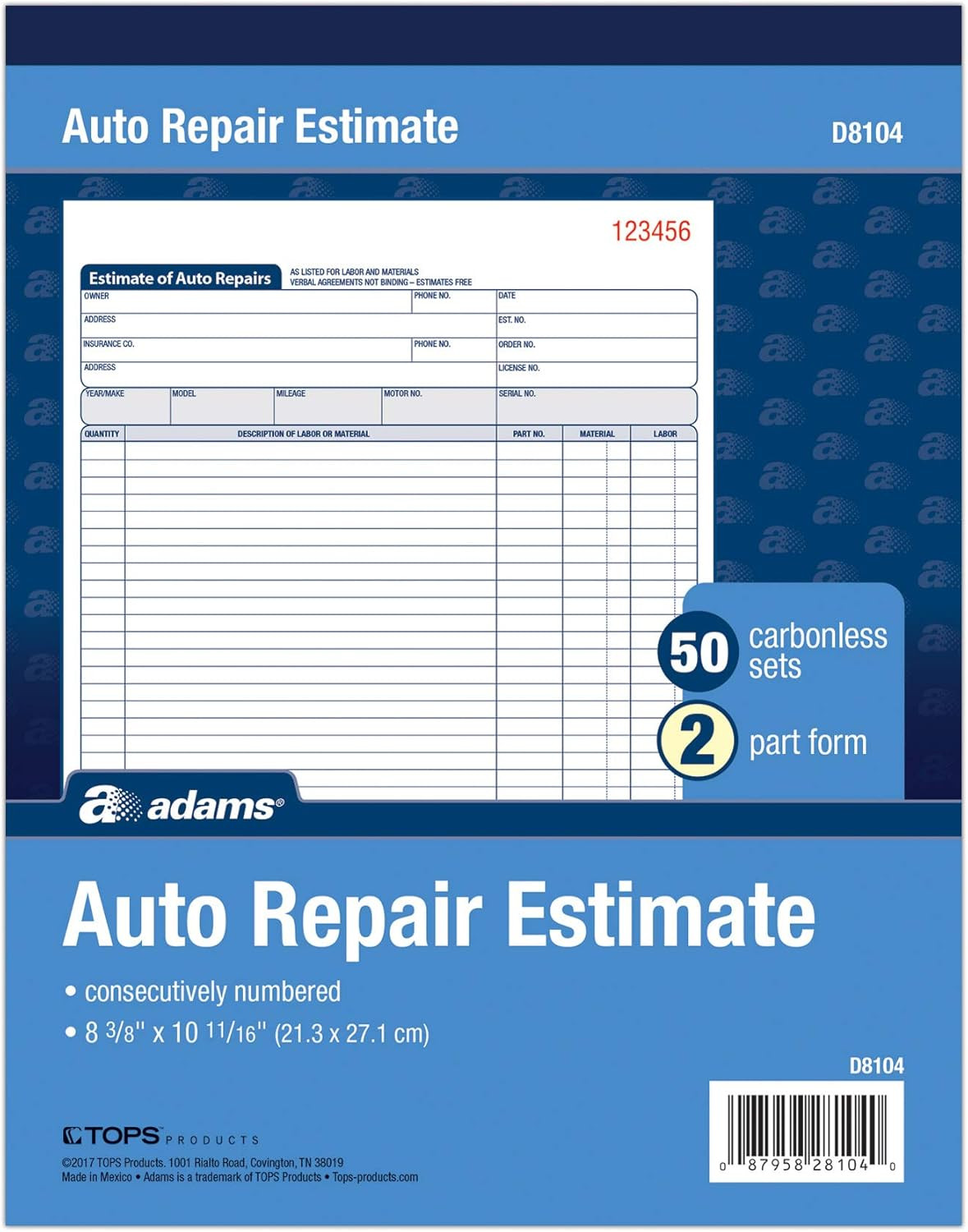 Auto Repair Estimate Book, 2-Part, Carbonless, White/Canary, 8-3/8 X 10-11/16 In