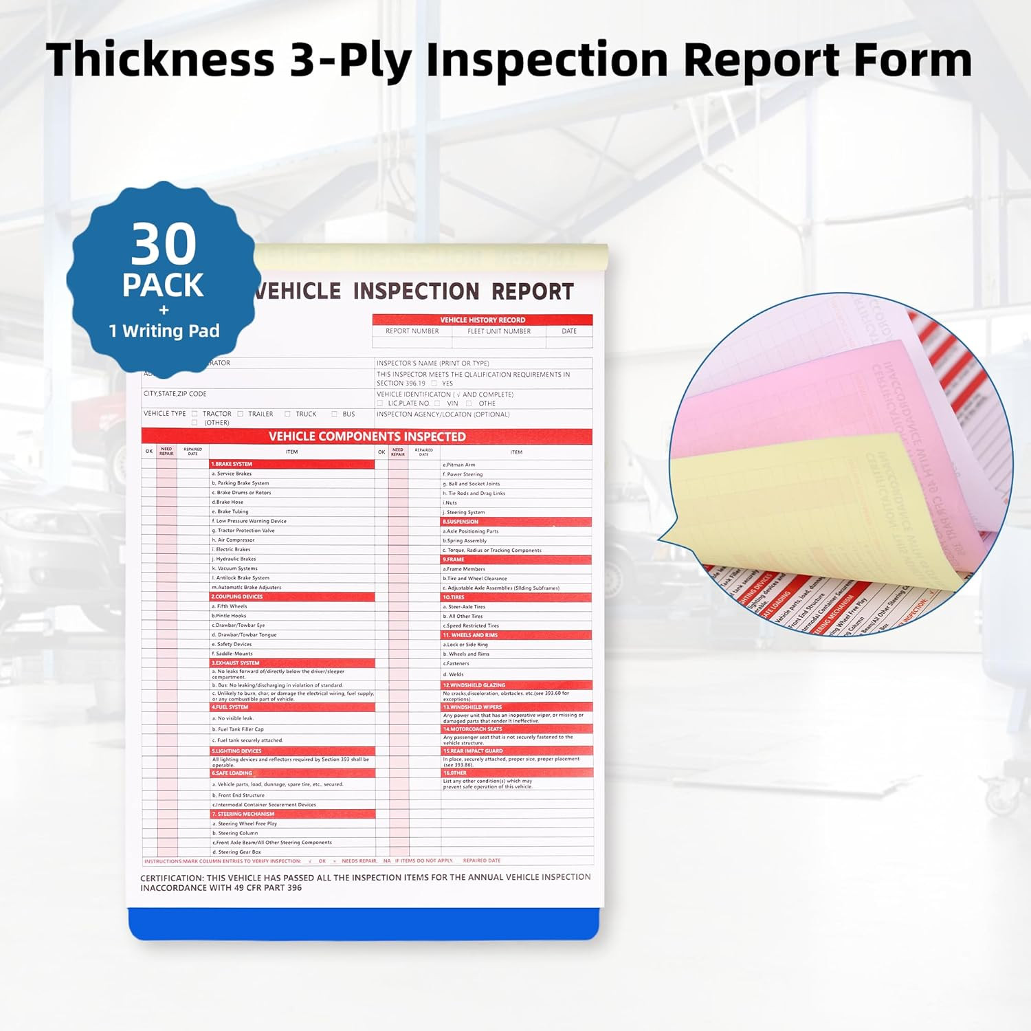 30 Pack Vehicle Inspection Report Forms 3 Ply DOT FMCSA Stickers