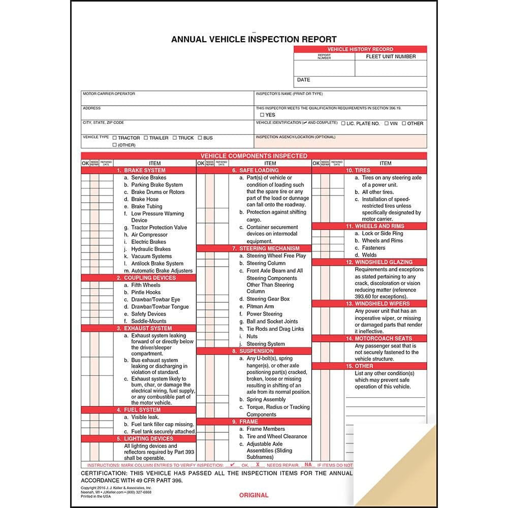 10 PCS J.J. Keller Annual Vehicle Inspection Report Forms 2Ply Carbonless