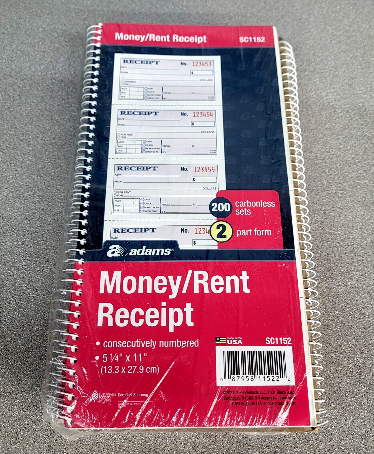 5Pk Adams Money Receipt Book Spiral 2-Part 7-5/8″x11″ WE/CA SC1152PK