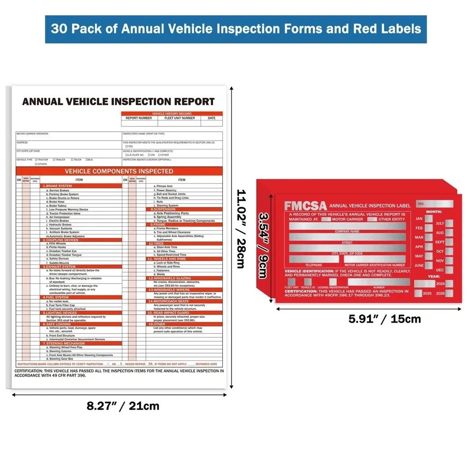 30Pack DOT Annual Vehicle Inspection Forms and Stickers,30-Pk 3-Ply Vehicle Insp