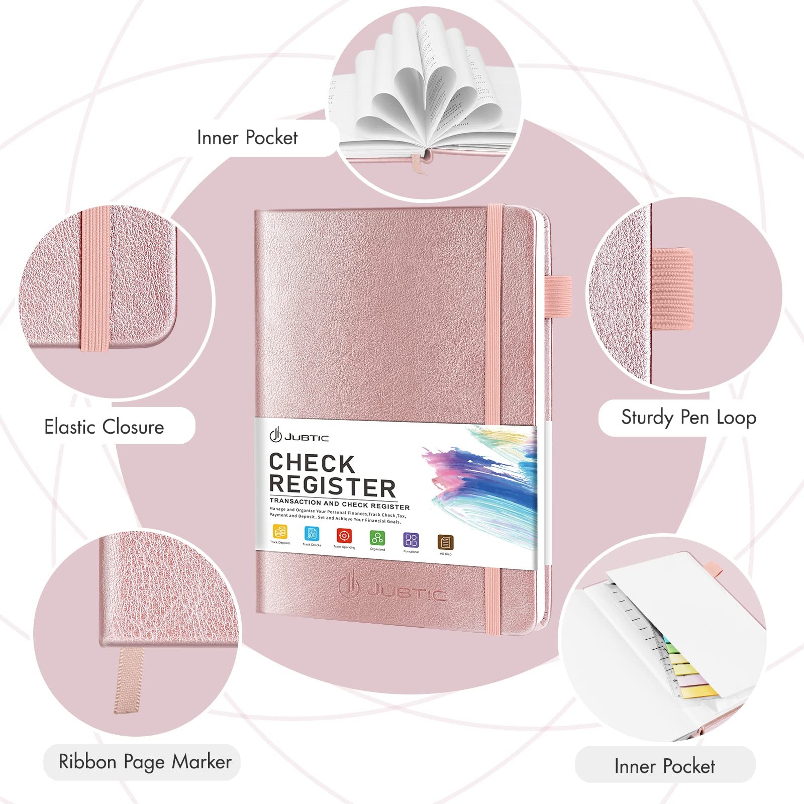 JUBTIC Check Registers for Personal Medium (5.8×8.3 Inch), Rose Gold
