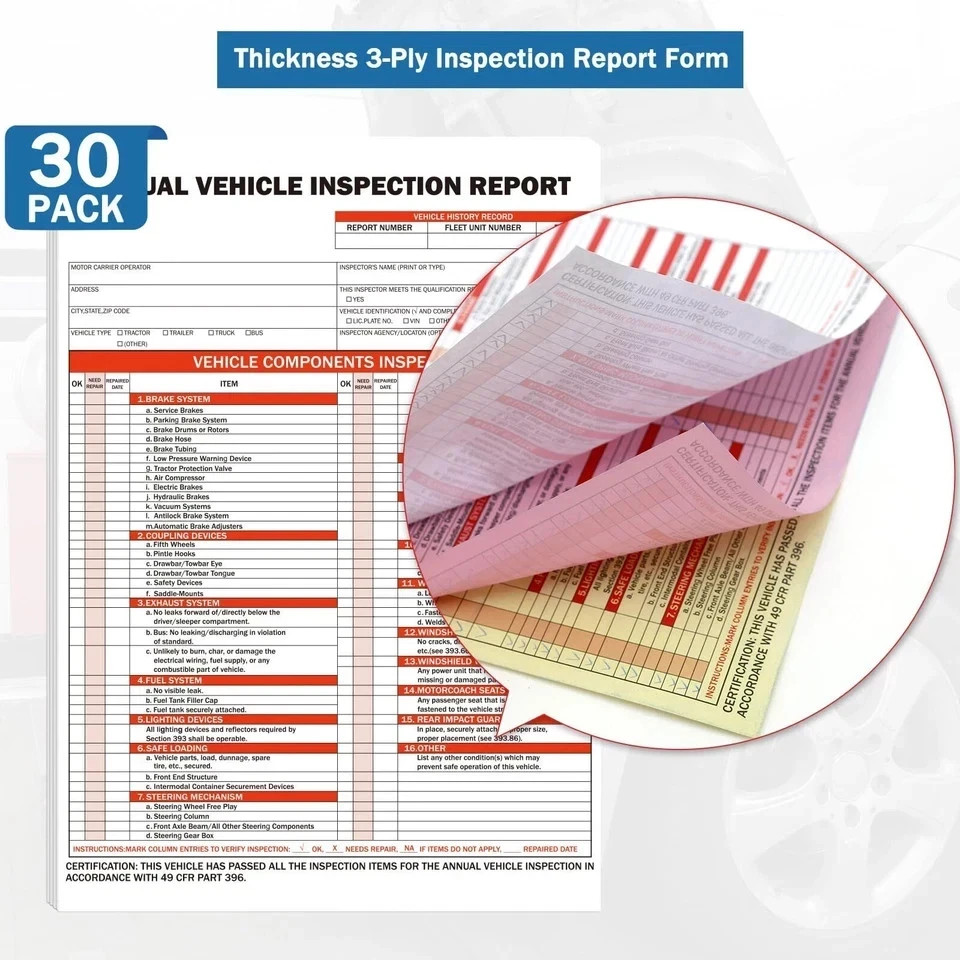 30Pack DOT Annual Vehicle Inspection Forms and Stickers,30-Pk 3-Ply Vehicle Insp