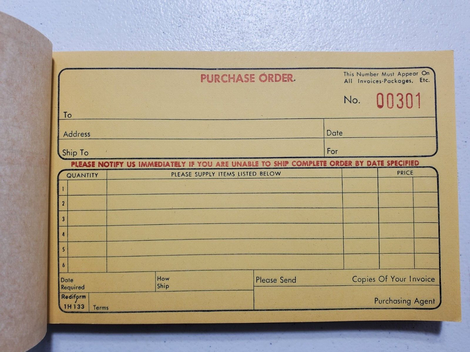 Vintage Purchase Order Triplicate Rediform Stock 1 H 133