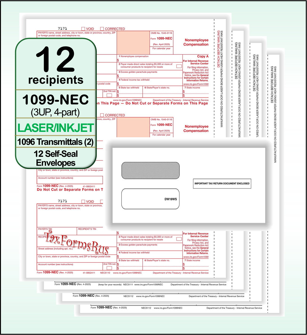 2025 IRS TAX FORMS KIT: 1099-NEC 12 recipients +envelopes +(2)1096 LASER 4pt 3UP