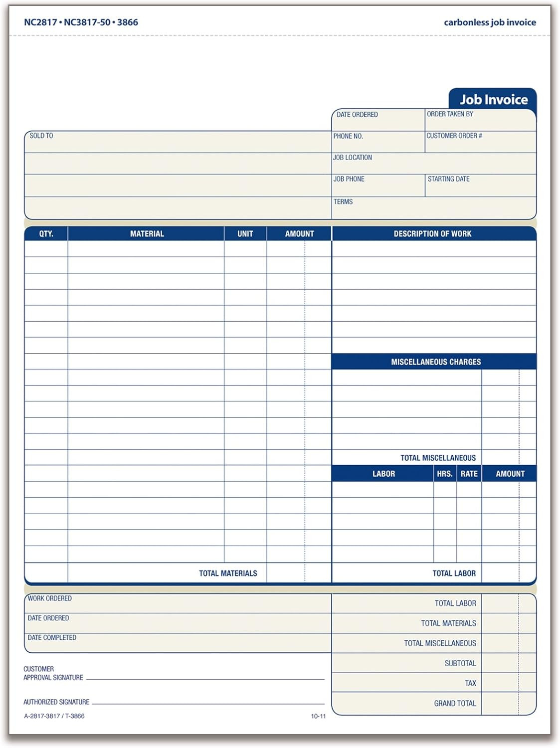 Job Invoice Forms, 2-Part Carbonless, for Service and Repair Billing, 100 Indivi