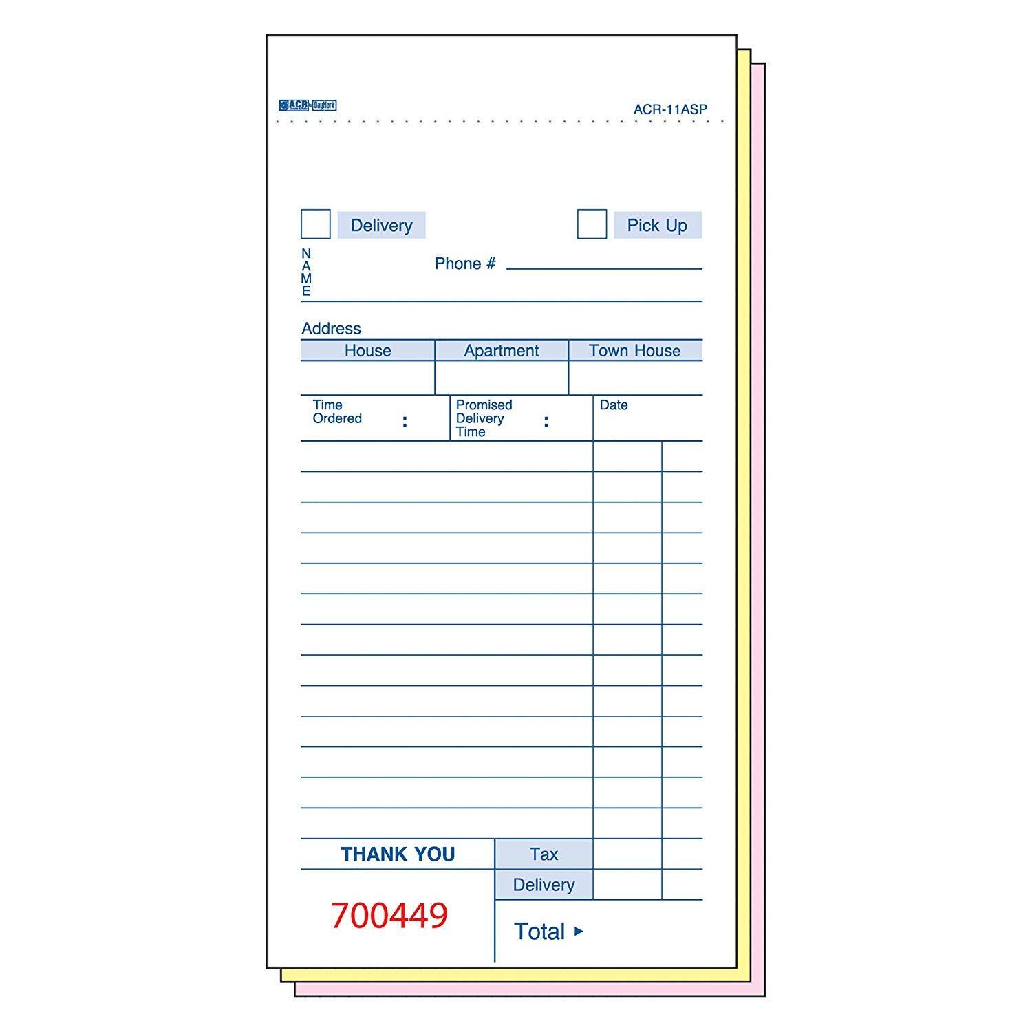 Delivery Guest Check, 3 Part, White (Case of 50 Books, 50 Sheets Per Book)