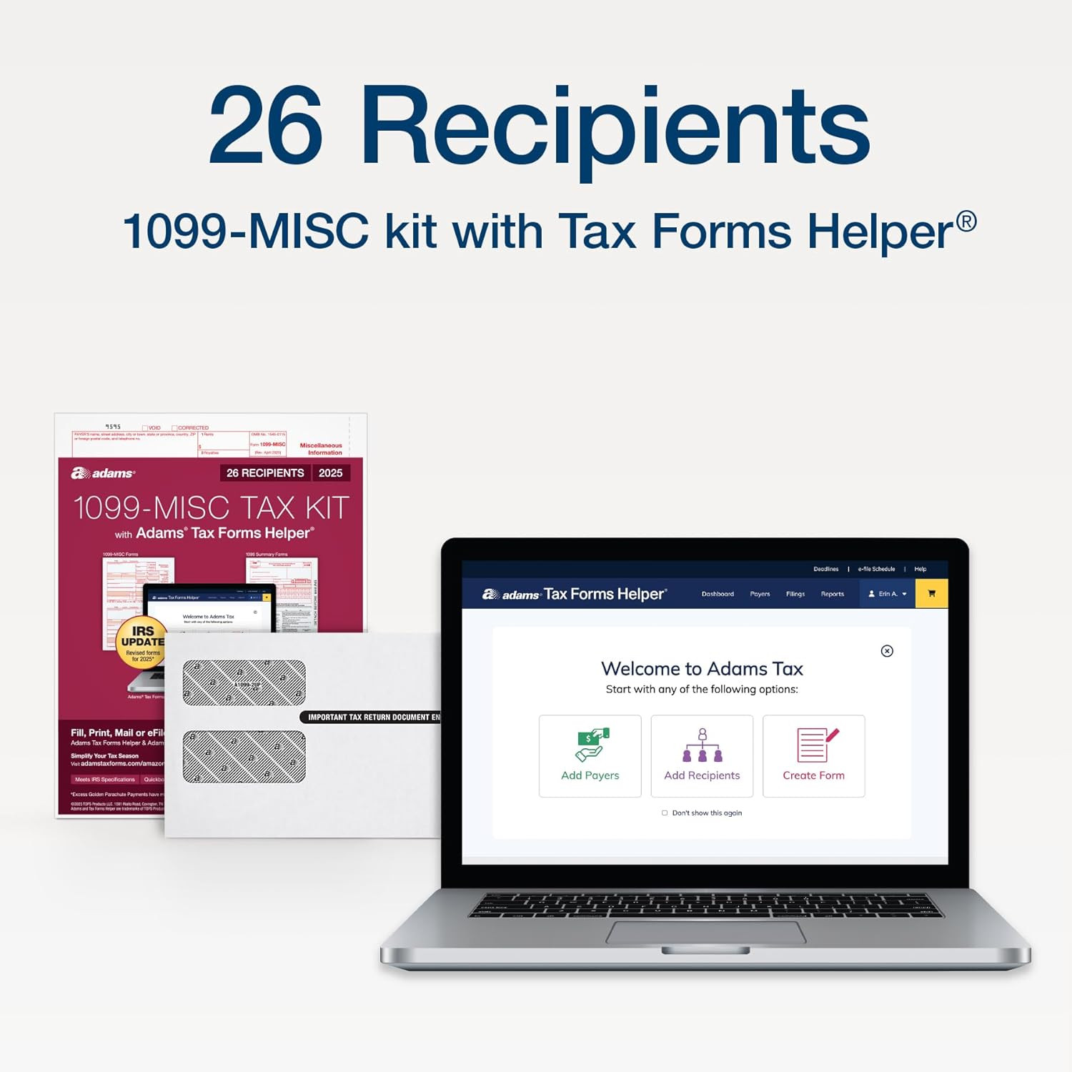 Adams 1099 MISC Forms 2025, 4-Part Kit for 26 Recipients, Includes 26 Envelopes,