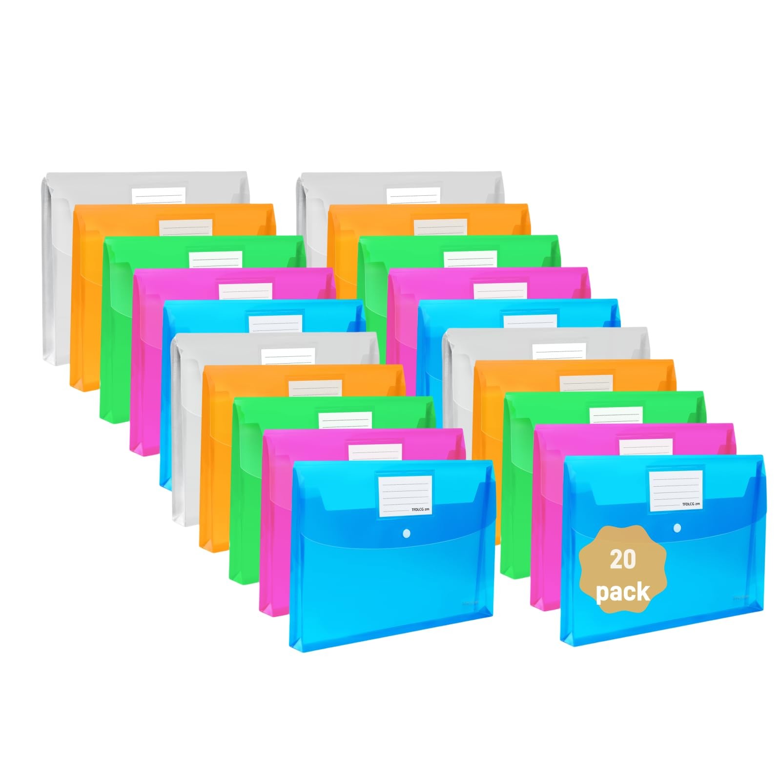20 Pack Plastic Envelopes with Snap A4/US Letter Size, Assorted Colors