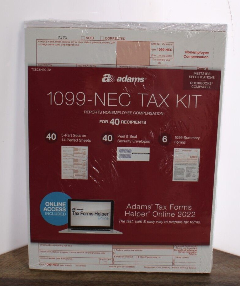 Adams 1099-NEC 2022 Tax Forms Kit + Tax Forms Helper Online, 40 Pack Sealed