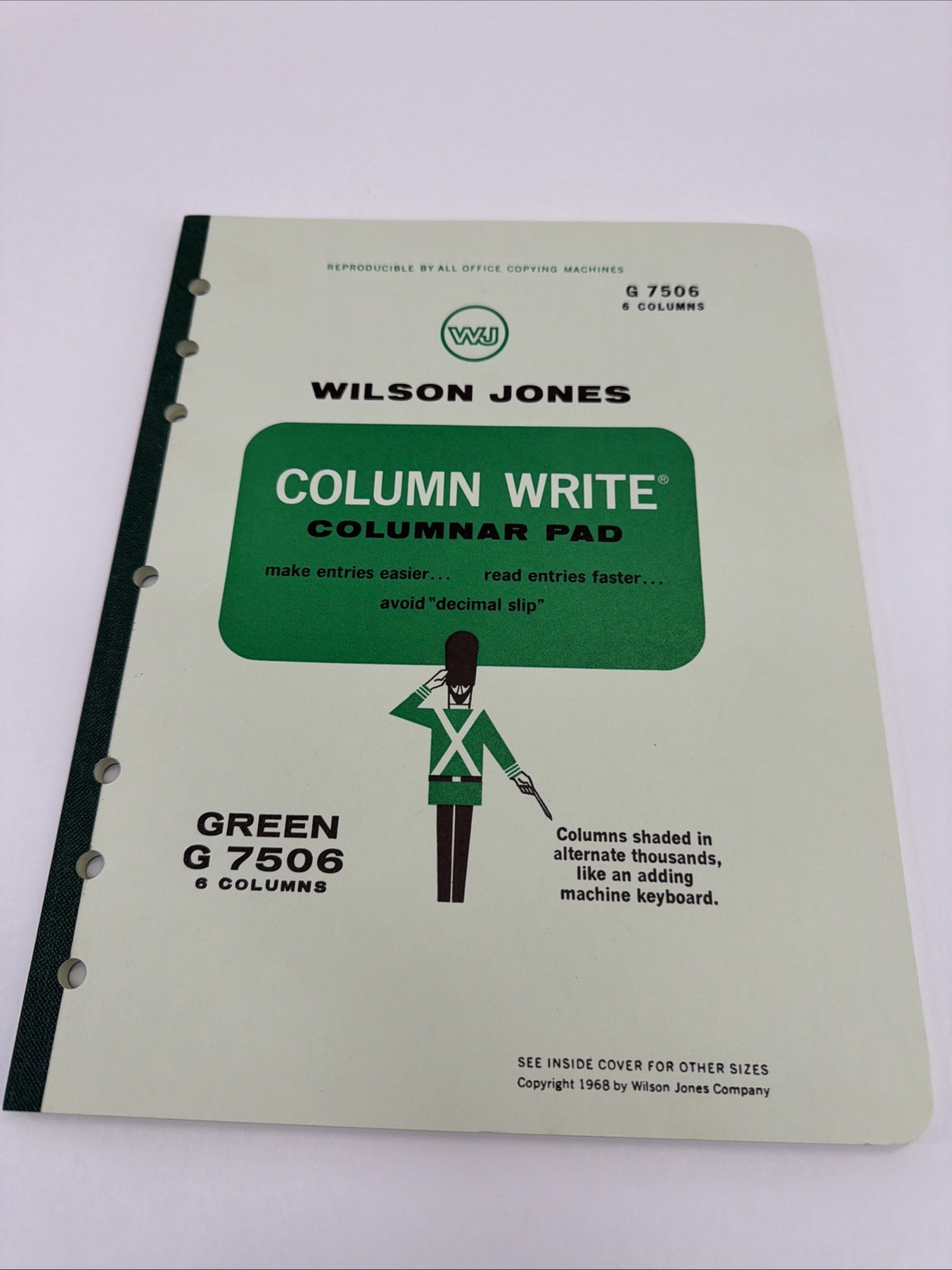1968 Wilson Jones Write Columnar Pad Green G7506 6 Columns Accounting Ledger