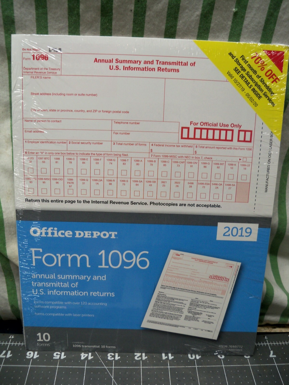 10 pack 2019 Tax Form 1096 Annual Transmittals ONLY (for 1099-MISC to IRS)