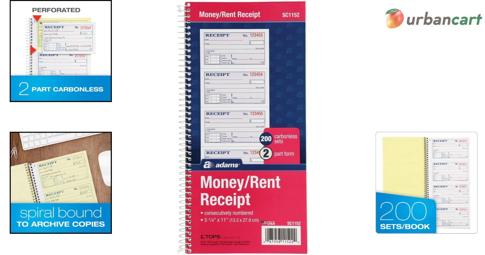 Professional Money & Rent Receipt Book – 2-Part Carbonless, Spiral Bound, 4 R…