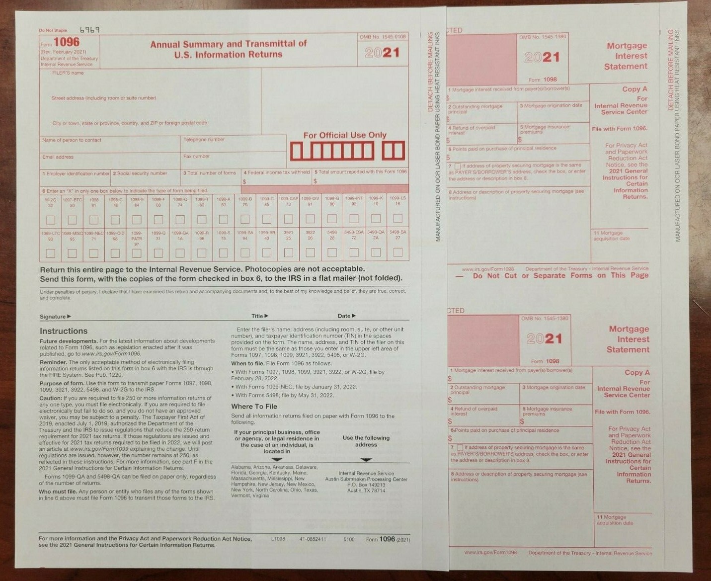 2021 Tax Form 1098 Mortgage Interest 10 Recipients COPY A & 1096 – No Envelopes