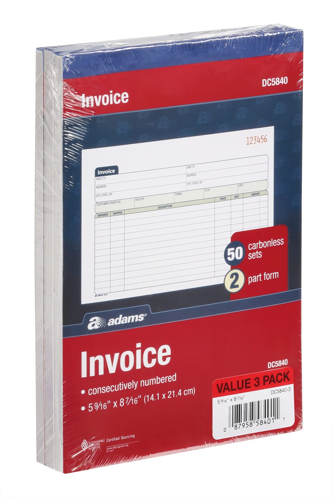 Adams Invoice Book 3 Pack, 2 Part Carbonless Invoices, Horizontal Sales White