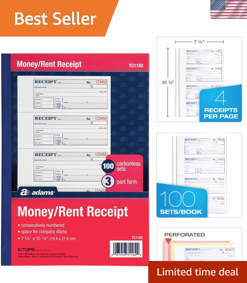 3-Part Carbonless Rent Receipt Book – 100 Sets, Perfect for Landlords