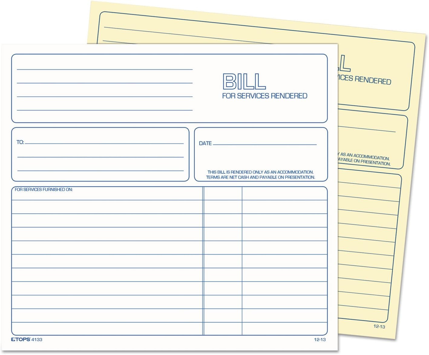 2-Part Carbonless Bill for Services Rendered Book, 8.5 X 8.25 Inches, 50 S