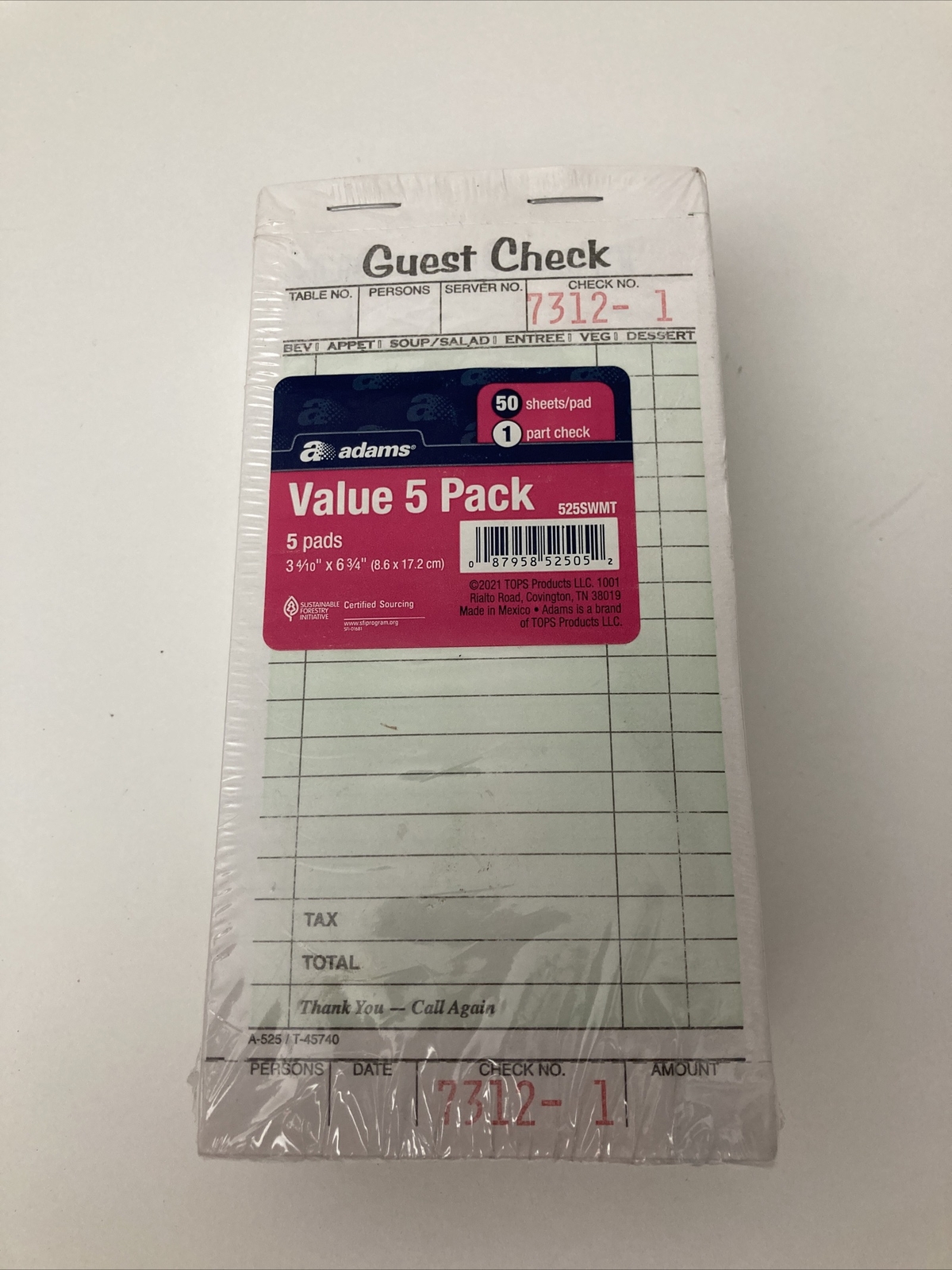 Guest Check Pads, Single Part, Perforated, White, 50 Sheets/Pad, 5 Pads Pack NEW
