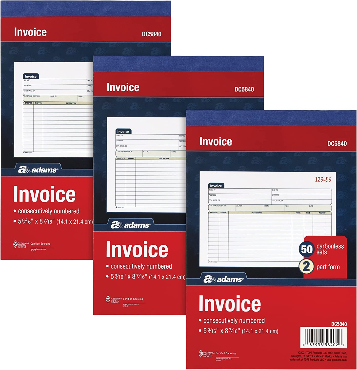 Adams Invoice Book 3 Pack, 2 Part Carbonless Invoices, Horizontal Sales Slip, 5-
