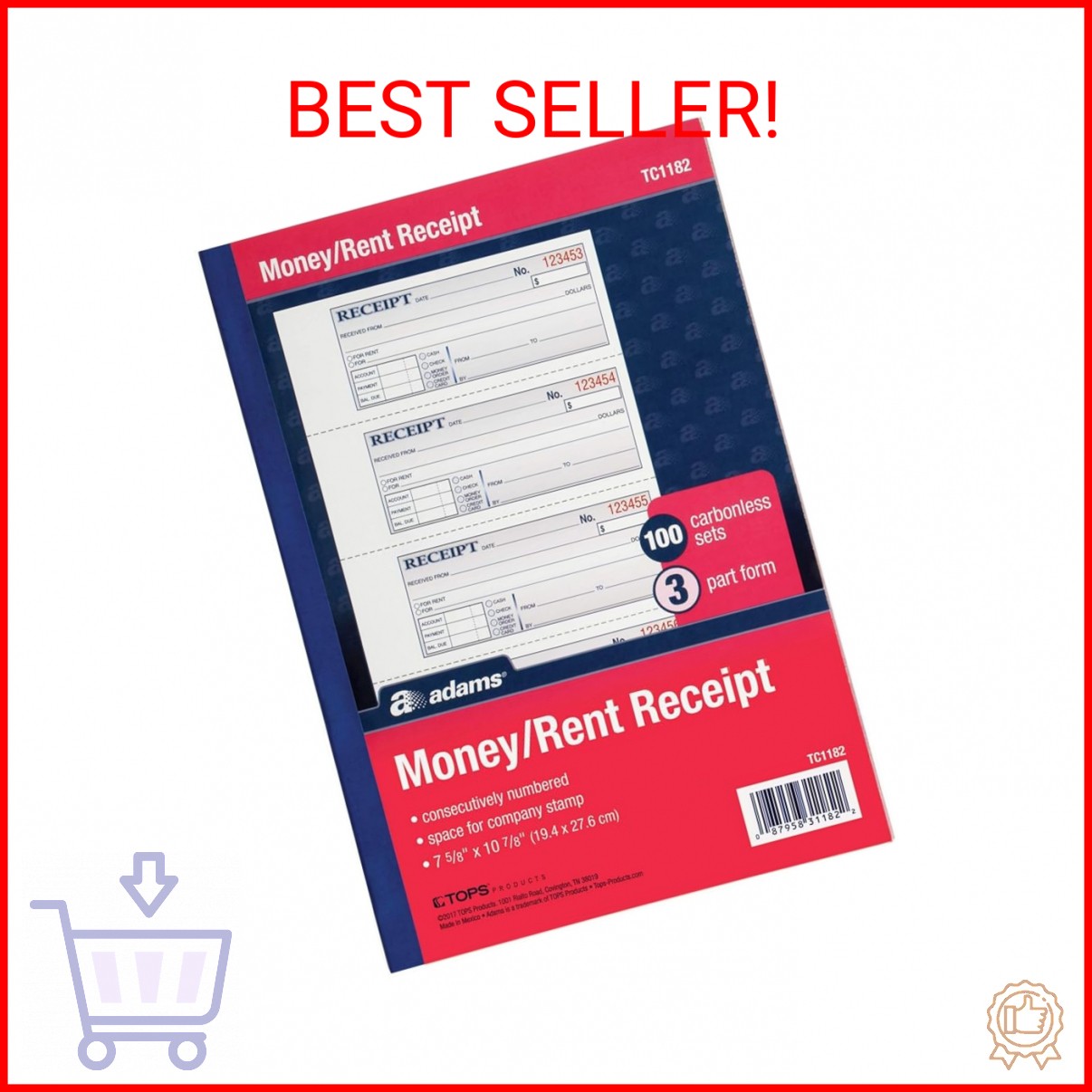 Adams Money and Rent Receipt Book, 3-Part, Carbonless, White/Canary/Pink, 7-5/8″
