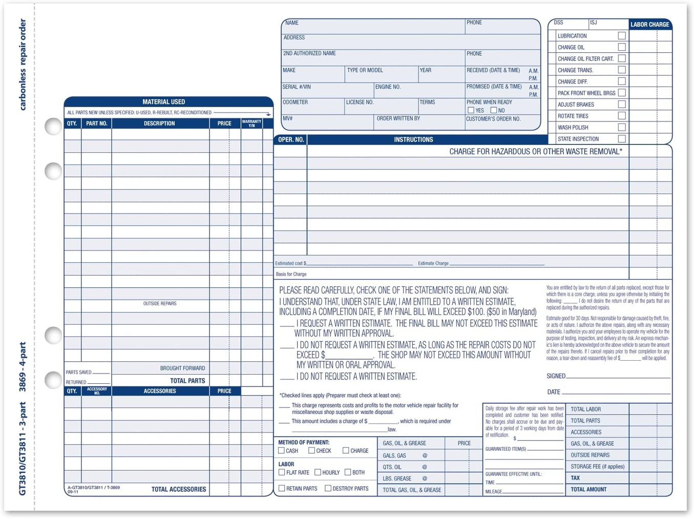 Adams Garage Repair Order Forms Auto Service Jobs Record 3 Part Carbonless 250ct