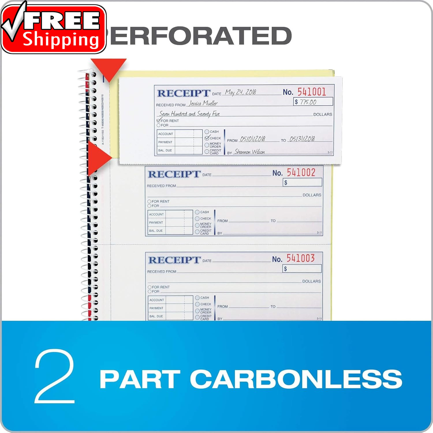 Money and Rent Receipt Book, 2-Part Carbonless, 7-5/8″ X 11″, Spiral Bound, 200
