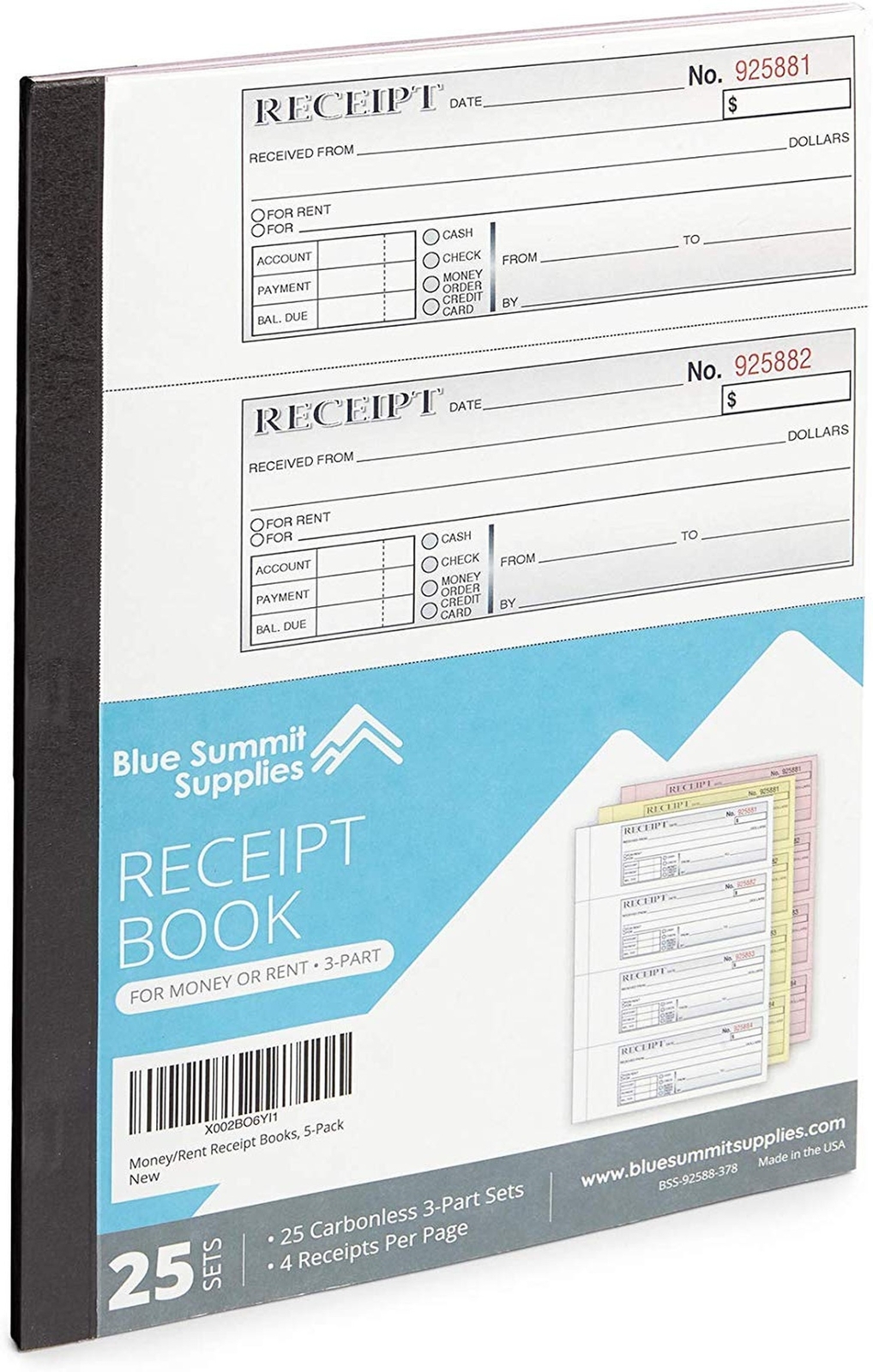 Blue Summit Supplies Triplicate Receipt Book, 100 per Book, 500 Total, 5 Pack…