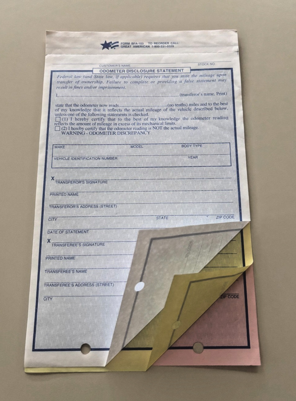 Odometer Disclosure Statement Great American BFA-103 Form 200+ Forms 1 Low Price