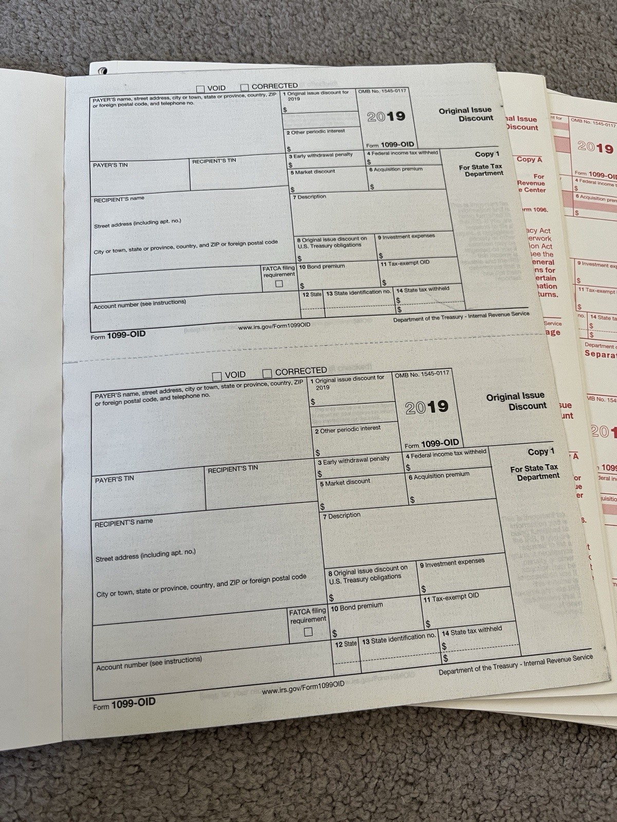1099-OID 2019 Year – 20 Pack 2 part set carbonless IRS Tax Form 40 slots total