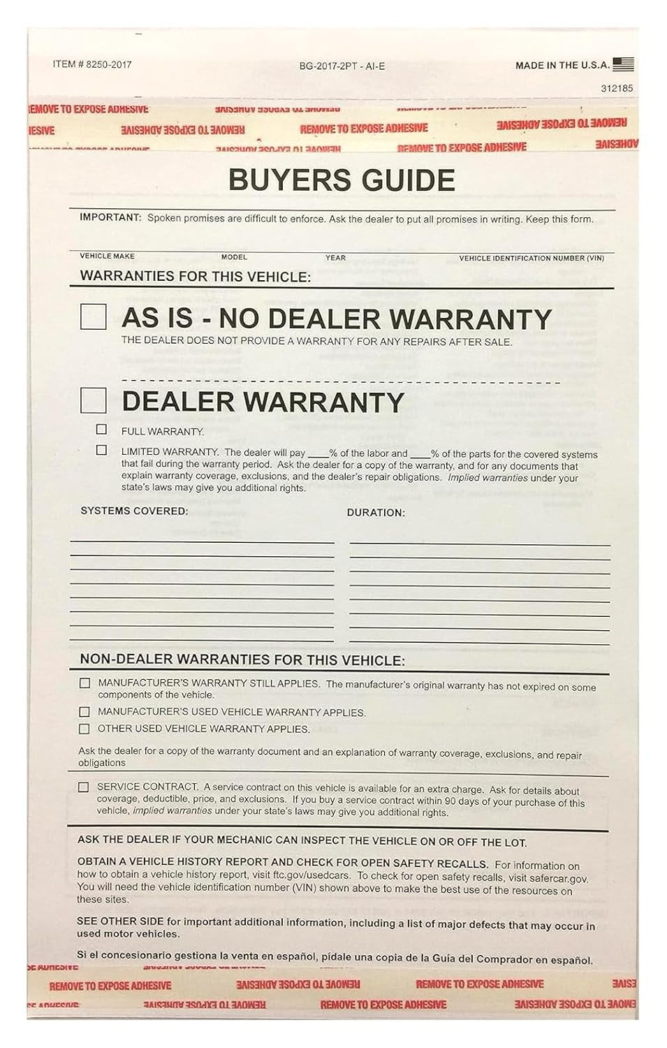 2-Part Buyers Guide Form Adhesive Tape – As Is/Warranty – 100 Pack, 2025 Version