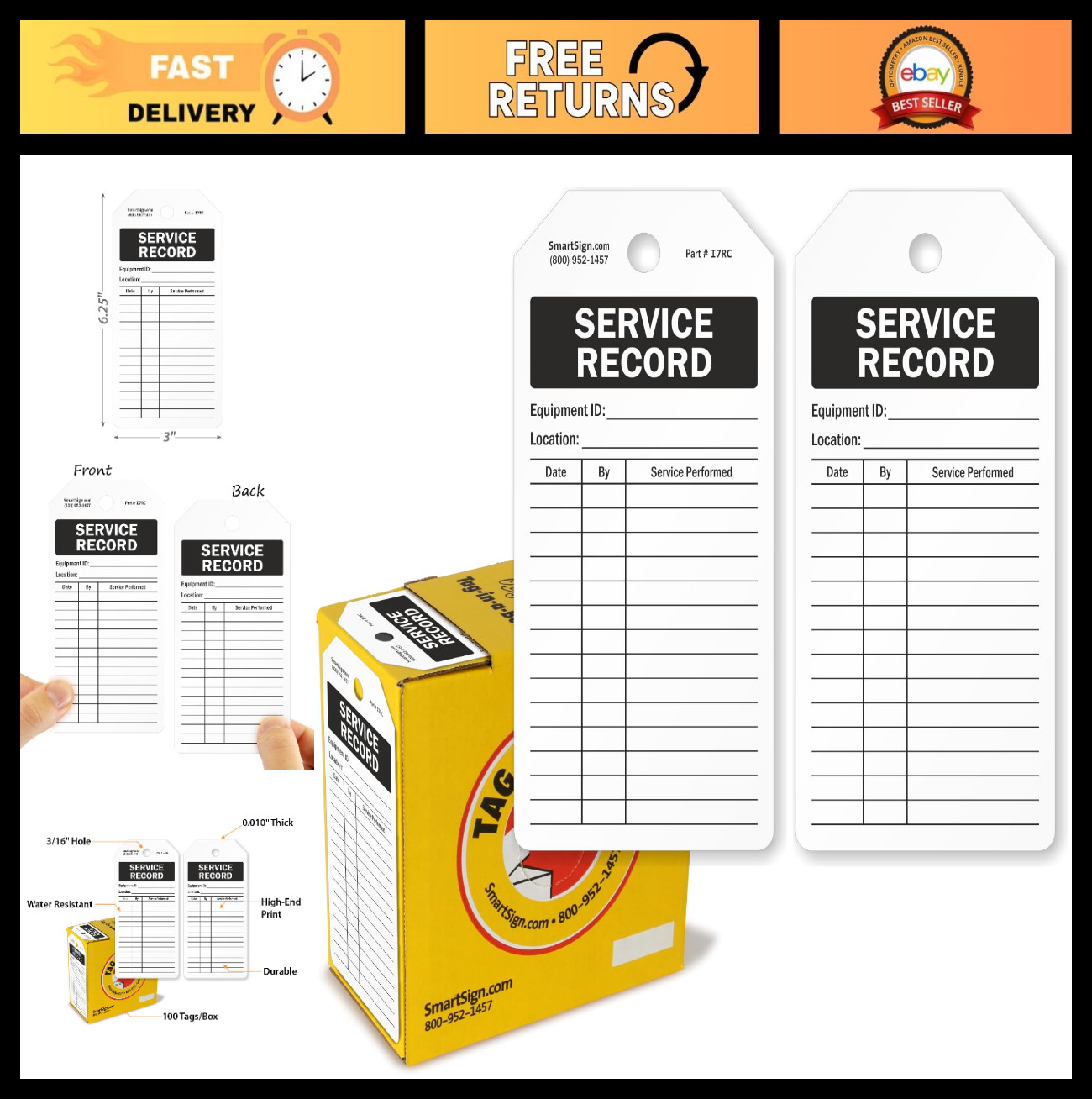100-Pack Waterproof Write-On Service Record Tags, 2-Sided Blank Tags for Equipme