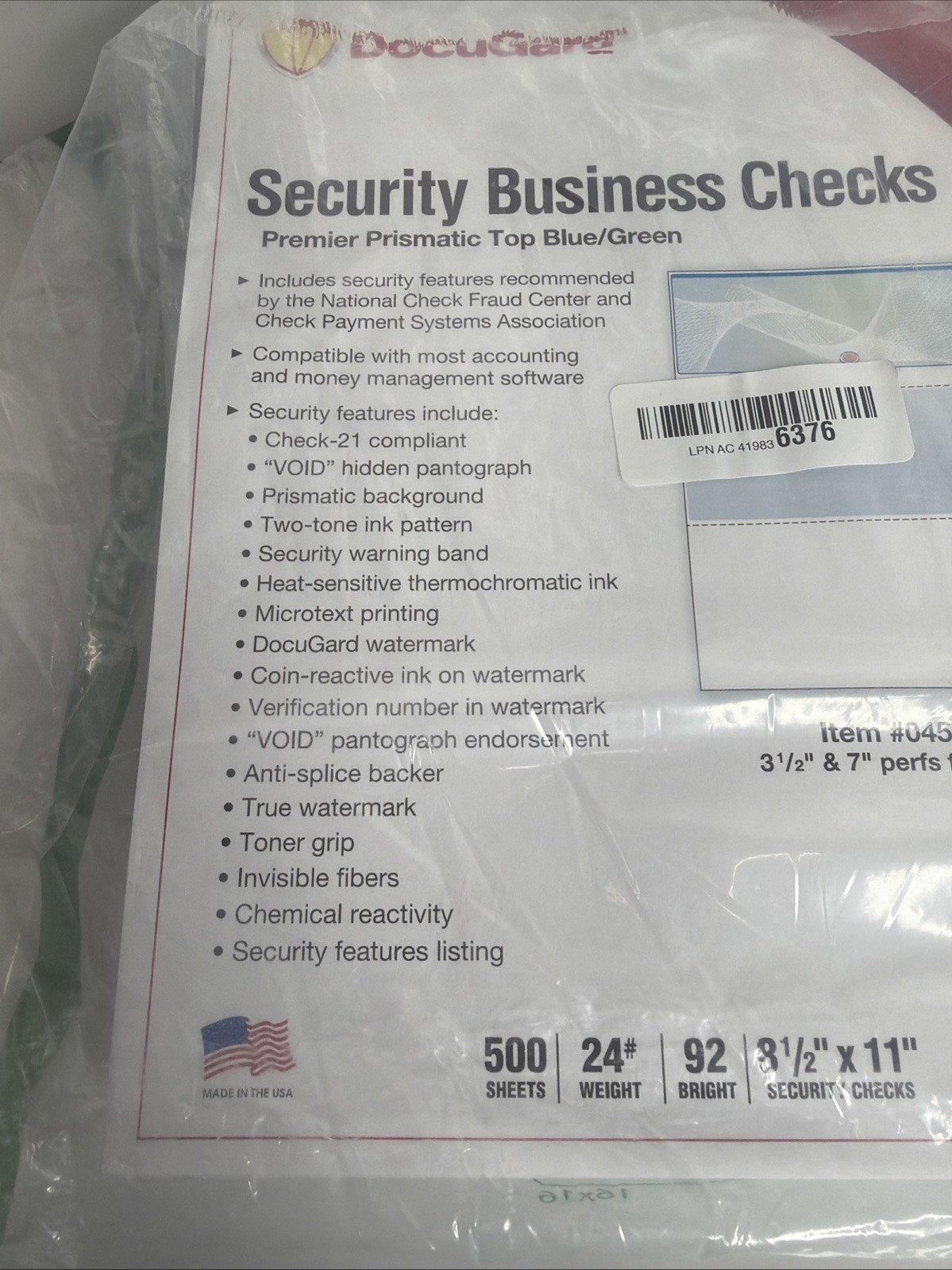 DocuGard Prismatic Business Checks 3/pg Blue Green 2500 Sheets 8.5×11