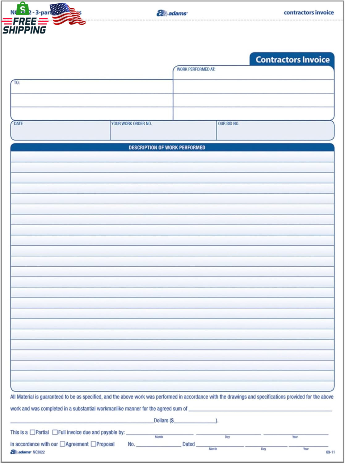 Adams Contractor Invoice Forms, 8.5 X 11.44 Inch, 3-Part, Carbonless, 100-Pack,