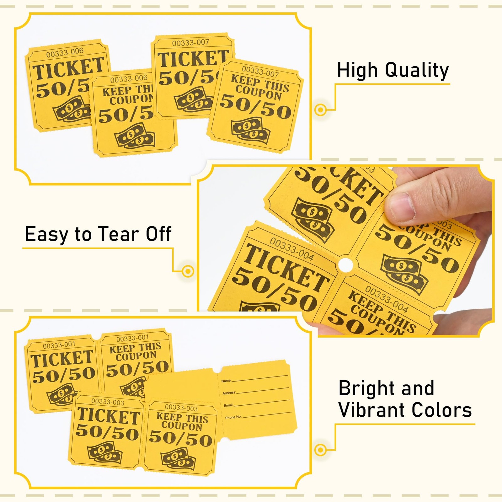 ESSENTIAL 500 Double Roll Raffle Tickets, 50/50 Cards, 4″x2″, Yellow