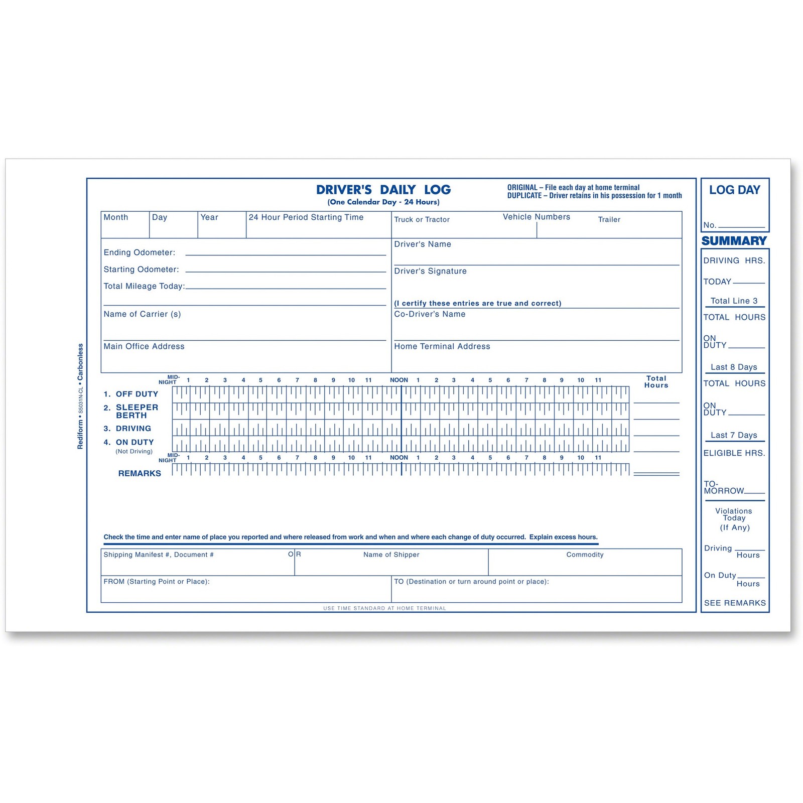 Rediform S5031NCL Carbonless 2-Part Driver’s Daily Log Book 31 Forms