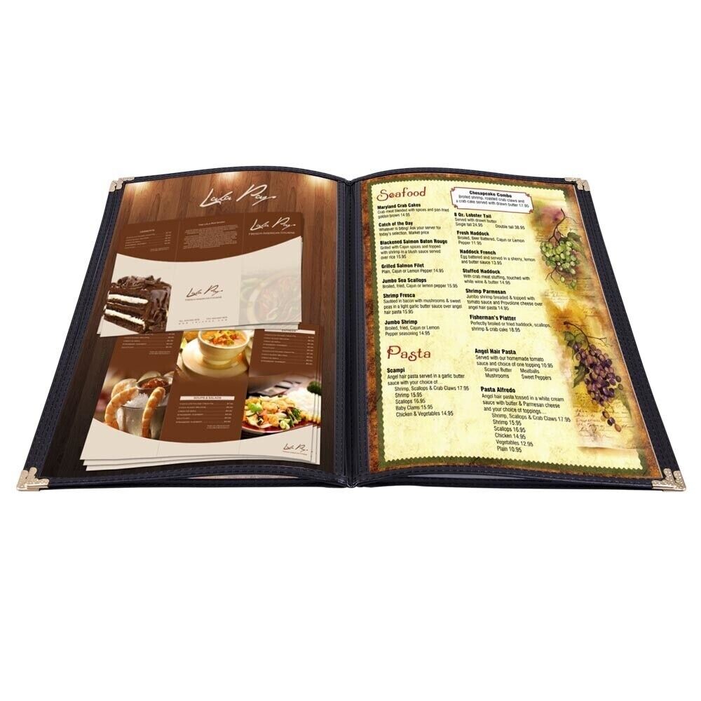 (50 Pack) Black Menu Covers – Four Page, 8 Views, Fits 8.5 x 11 Inch
