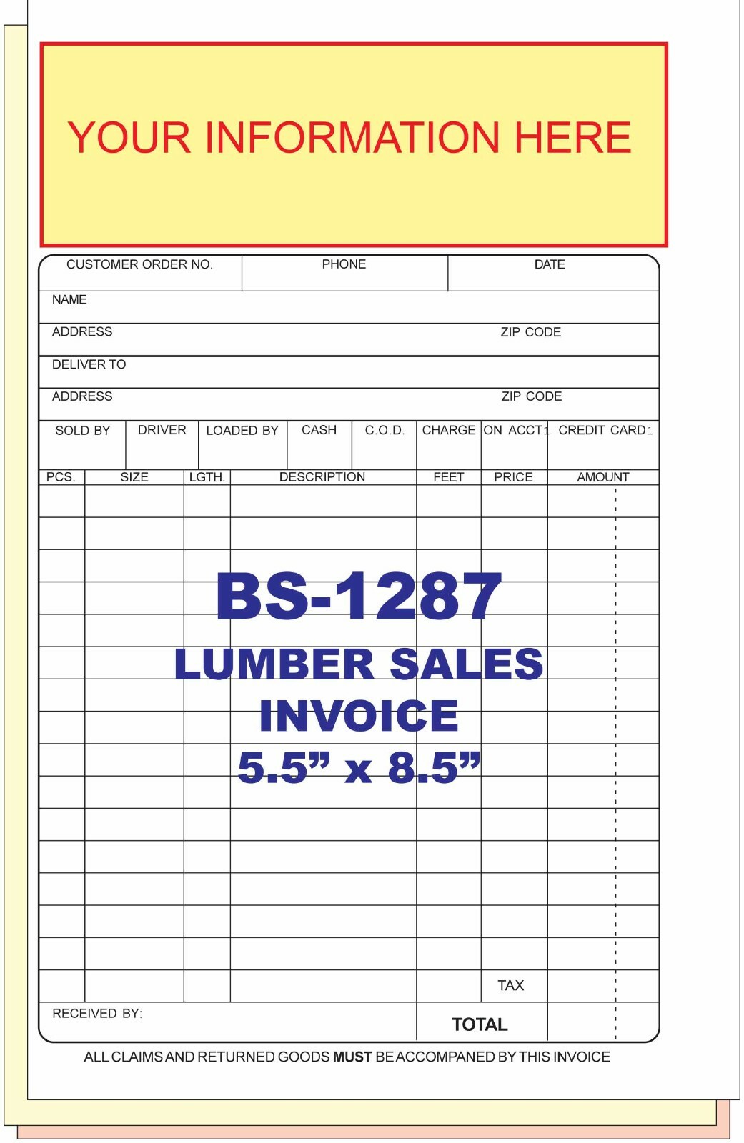 LUMBER SALES INVOICE CUSTOM PRINTED 2 or 3 PART CARBONLESS