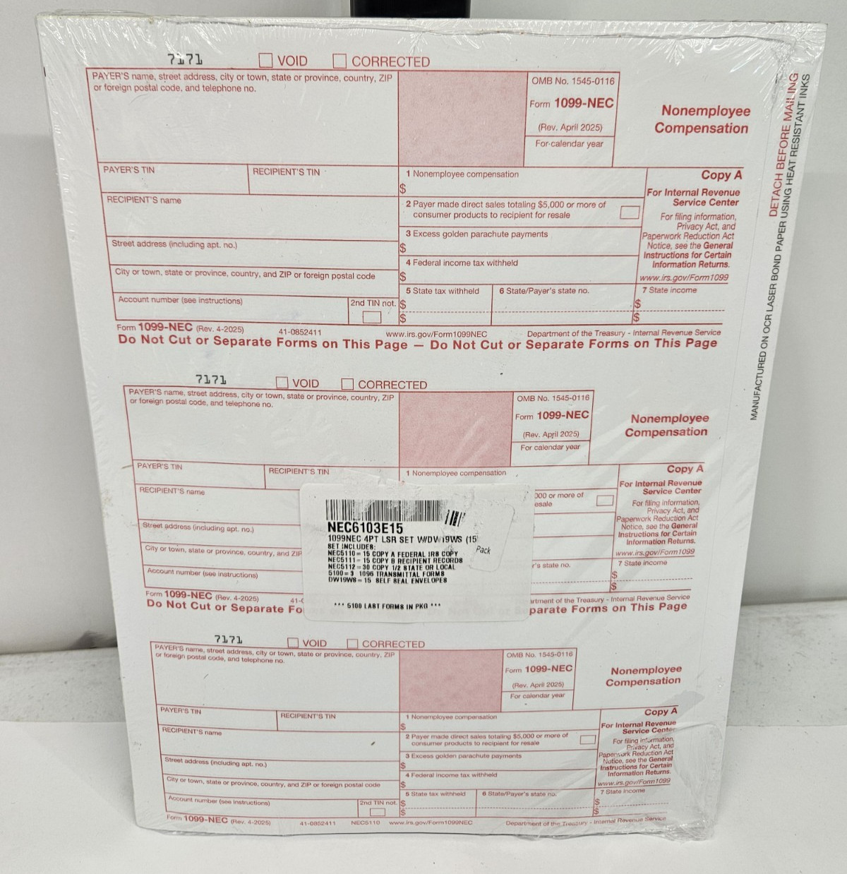 2025 IRS Tax Form 1099-NEC 4pt LSR Set w/Envelopes 15 Pack #N6103E15