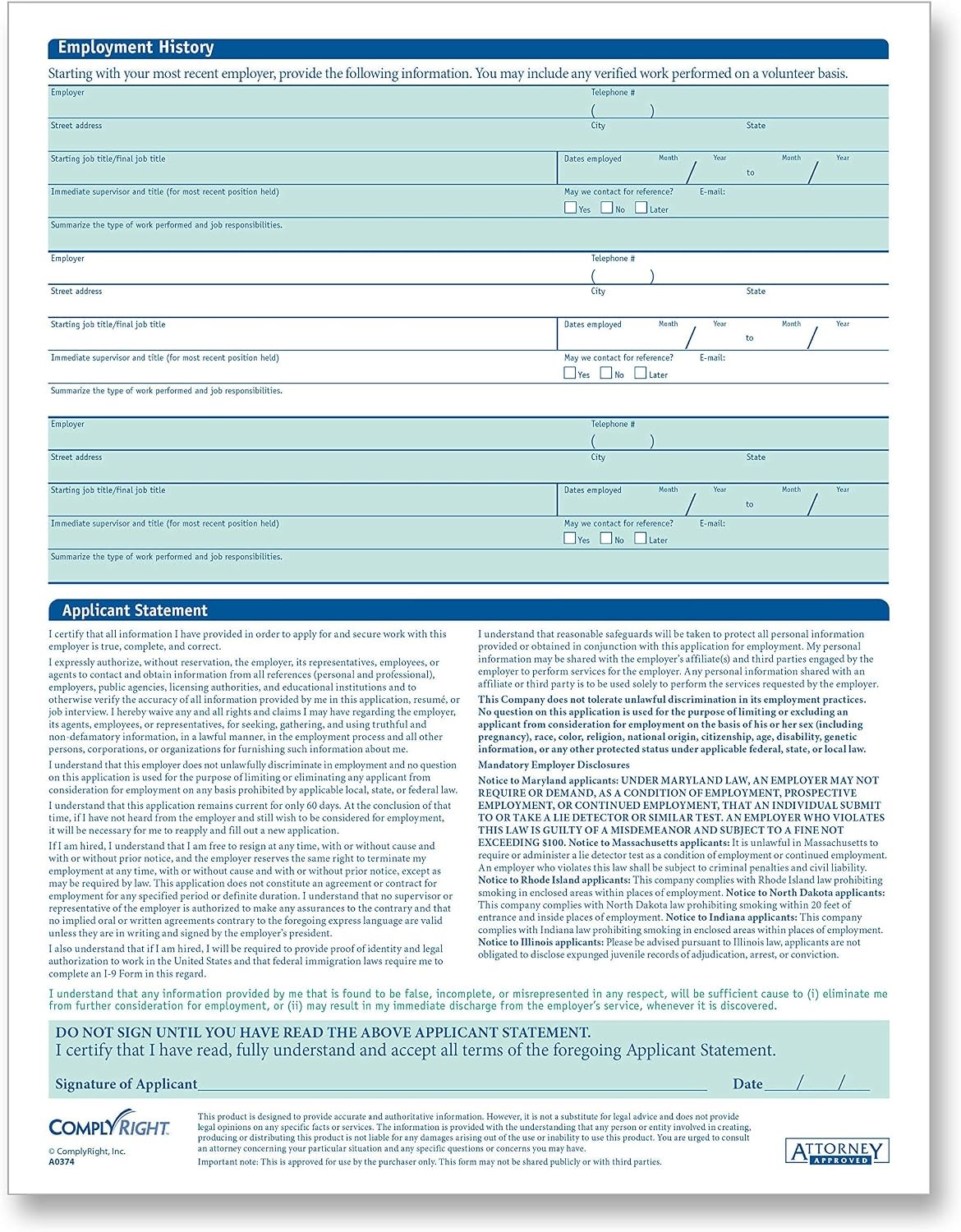 50 State Compliant Job Application | Short Form | 8 ½”x11 |