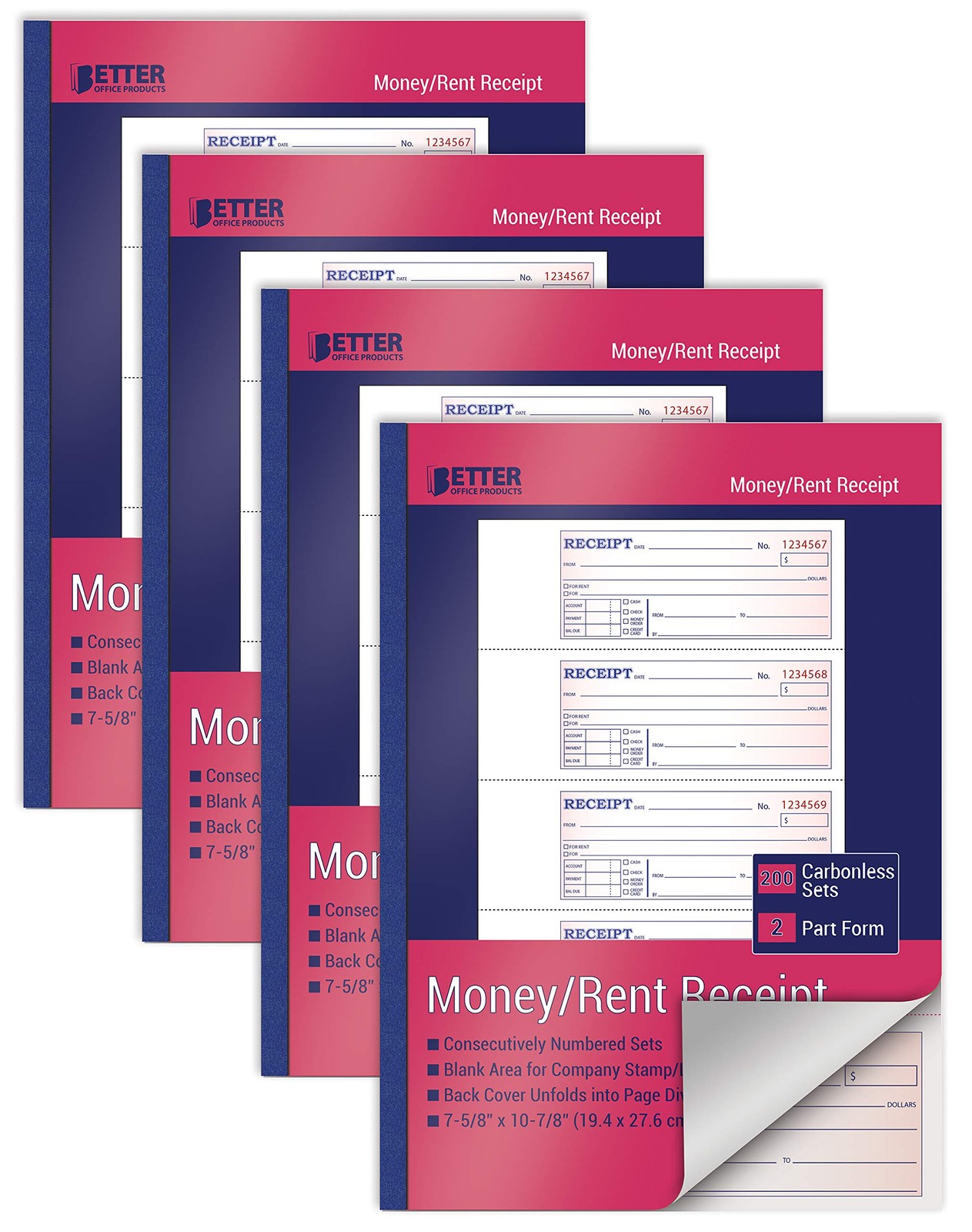 Cash Money and Rent Receipt Books, 4 Pack, Large Size, 2-Part Carbonless (Whi…