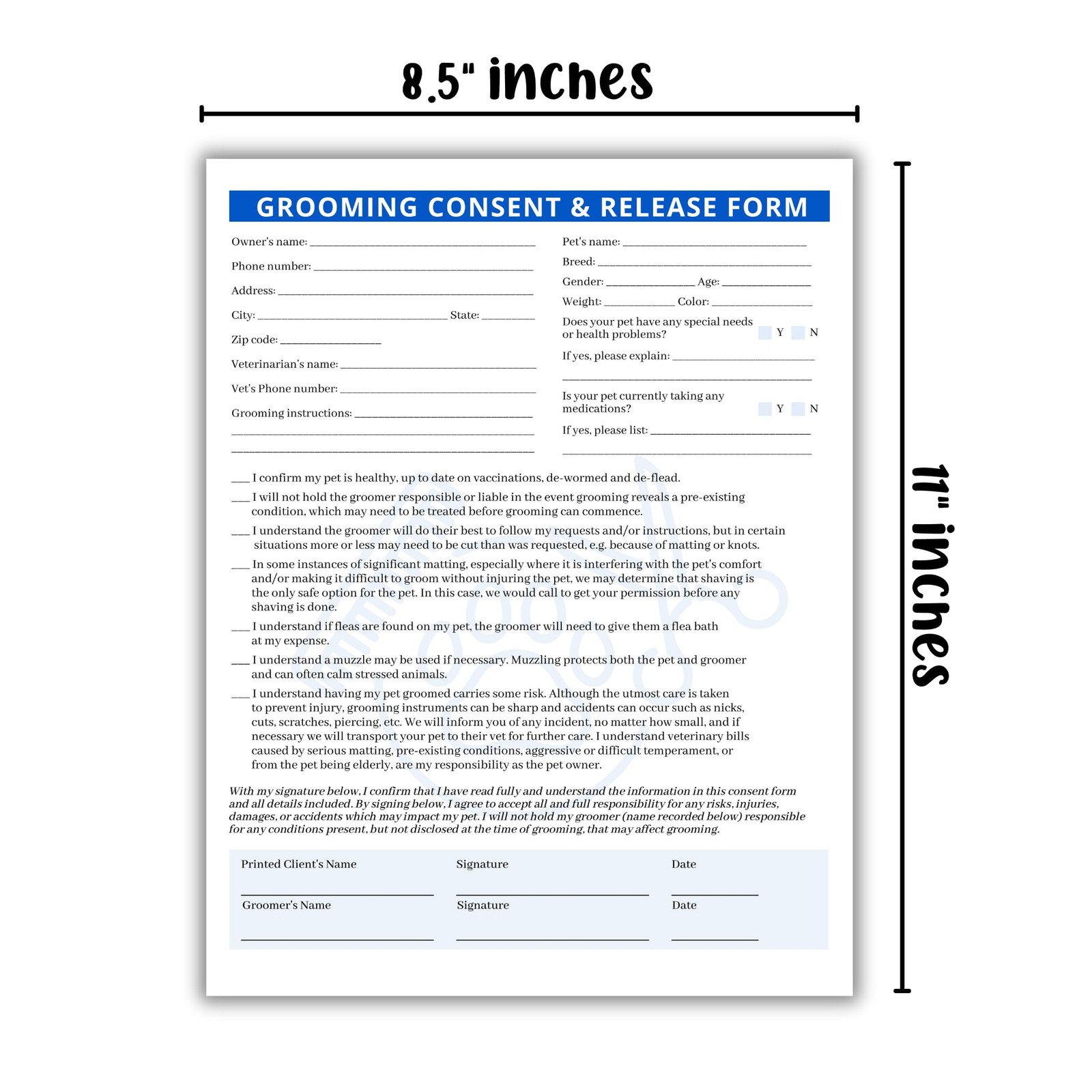 Pet Grooming Intake, Consent & Release Form | 50 Pack 8.5×11 inches, Blue