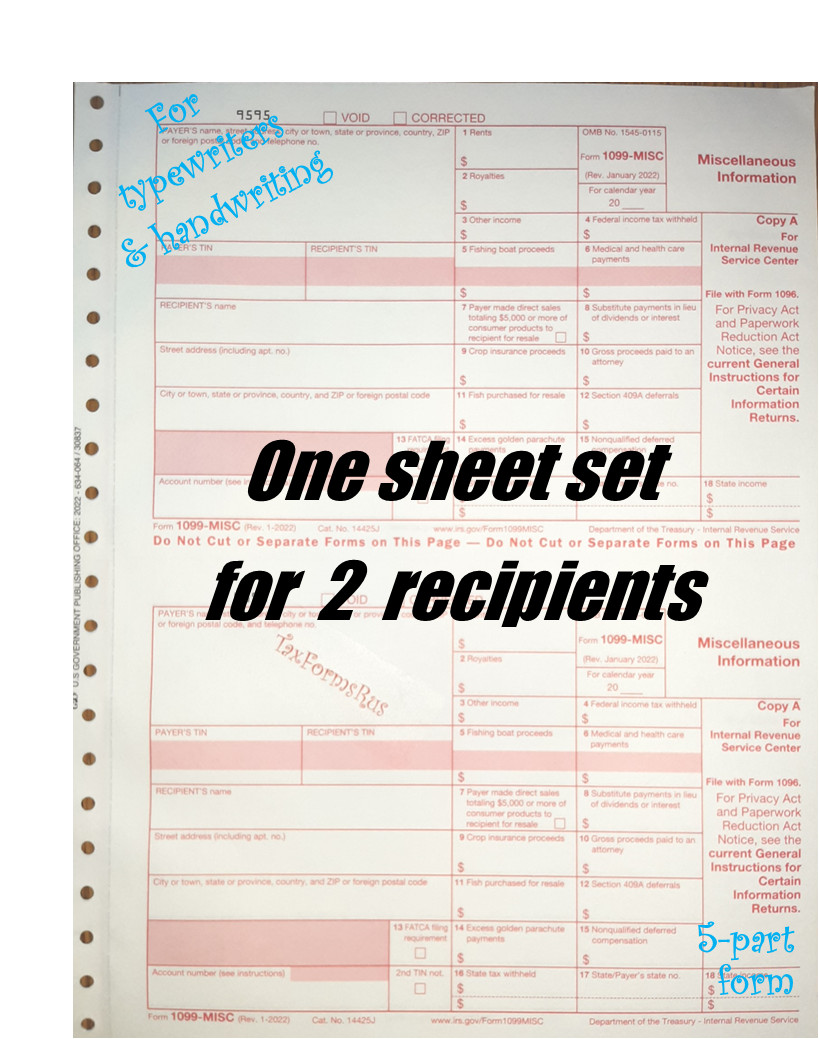 2022 IRS Tax Form 1099-MISC single sheet set for 2 recipients carbonless 5-pt
